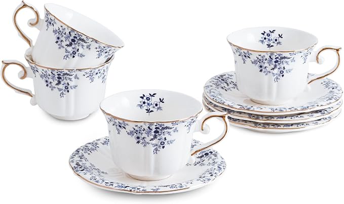 Ceramic Floral Cups with Saucers，7 oz Espresso Cups by Unknown