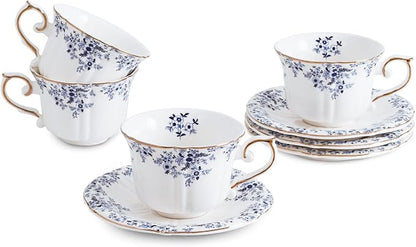 Ceramic Floral Cups with Saucers，7 oz Espresso Cups by Unknown