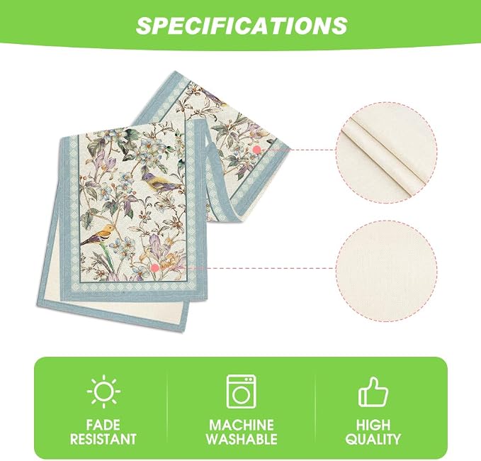 Artoid Mode Blue Birds Flowers Blossom Table Runner, Seasonal Spring Floral - Image 5