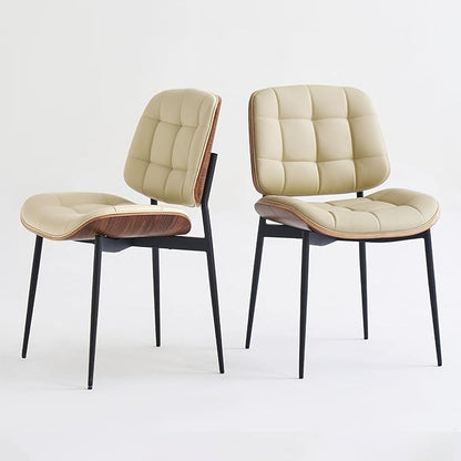 Mid Century Modern Dining Chairs with Walnut Grain Back, Beige Faux Leather Dining Room Chairs Set of 2, Checkered Soft Cushion Kitchen Chairs with Adjustable Foot Pads