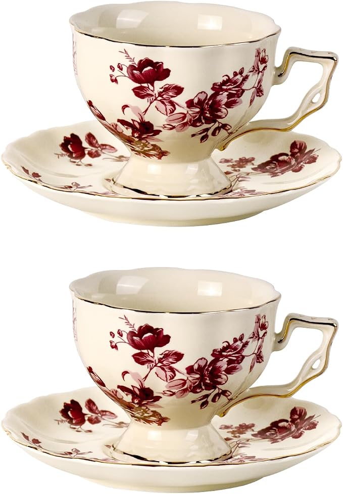 KAMMAK Tea Cups and Saucers Set of 2, 7 oz Porcelain Coffee Cups, 562N | by KAMMAK