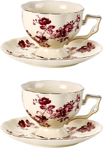 KAMMAK Tea Cups and Saucers Set of 2, 7 oz Porcelain Coffee Cups, 562N | by KAMMAK