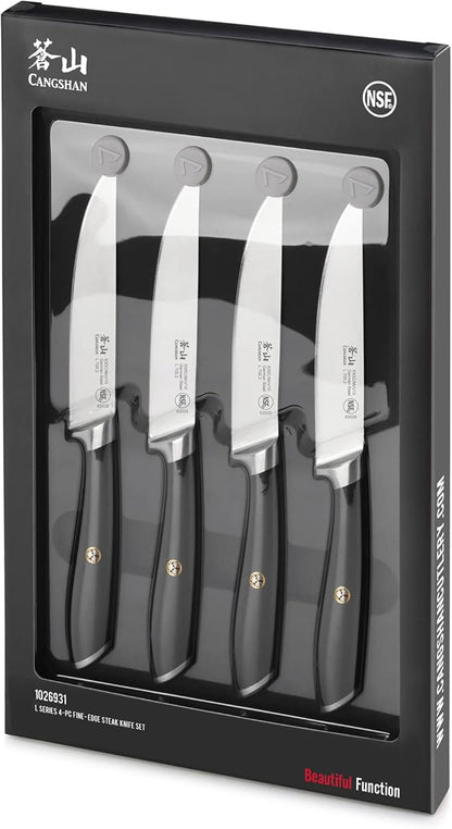 Cangshan L Series 4-Piece Fine-Edge Steak Knife Set, Forged German Steel, Black, 1026931