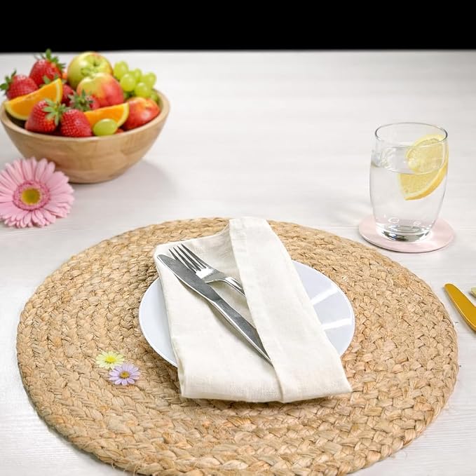 Round Woven Jute Braided Placemats, 14 Inch | Farmhouse, All Natural by ChardinHome