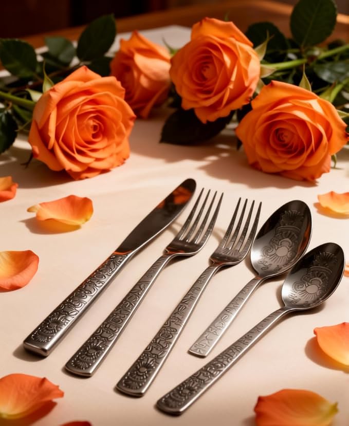16 Pcs Black Floral Silverware Set - Image 8