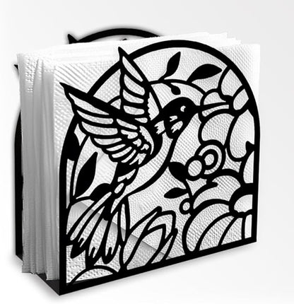 Hummingbird Decorative Black Metal Napkin Holder for Table, 4.9" x 4.9" x 2" Bird Flower Standing Napkin Holder for Home Kitchen Restaurant Picnic Party Coffee Bar Dining Room