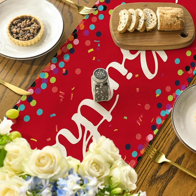 Artoid Mode Polka Dot Red Happy Birthday Table Runner, Seasonal Christmas - Image 4