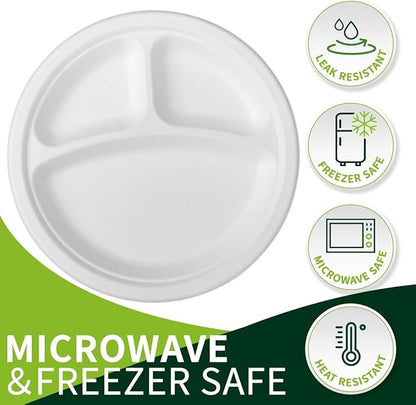 9 Inch 3 Compartment Paper Plates 【White 150 Pack】, Compostable Divided Plates, 100% Sugarcane Bagasse, Heavy Duty Disposable Plates for Lunch, Salad, BBQ, Picnic