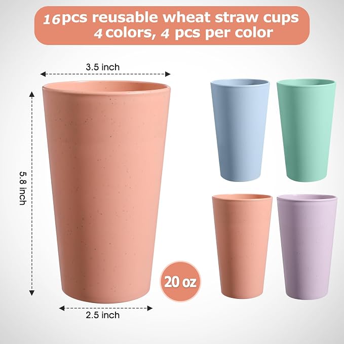 HEYCOME Set of 16 Wheat Straw Cups, Reusable Plastic Cups Sets, Water Glasses - Image 2