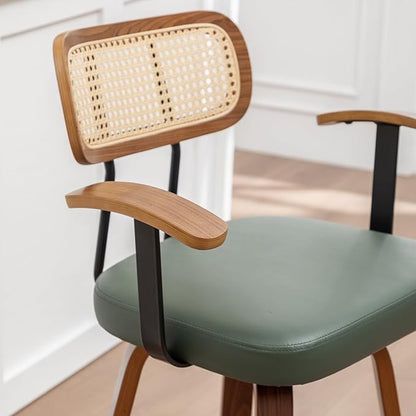 Rattan Swivel Bar Stools Set of 2,Green Faux Leather Counter Height Barstools with Arms Rattan Backrest/Wooden Legs,Mid Century Modern Bar Chairs for Kitchen/Dining Room/Bar