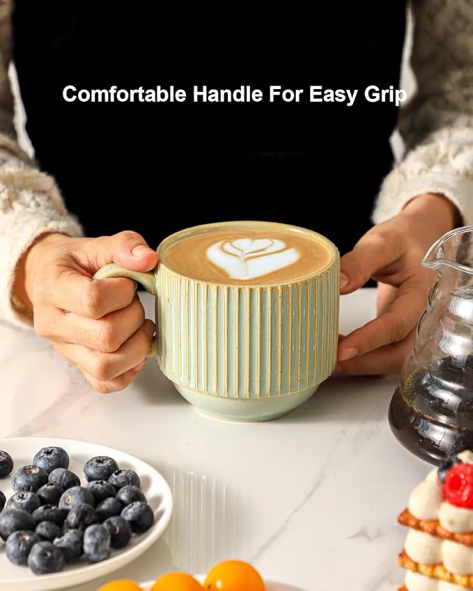 HASENSE Ceramic Coffee Mugs Set of 4 - 15 oz Stackable Large Porcelain Ribbed - Image 6