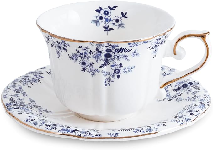 Ceramic Floral Cups with Saucers，7 oz Espresso Cups by Unknown