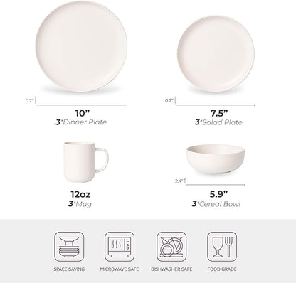 12-Piece Stoneware Dinnerware Set with Mugs | Microwave and Dishwasher Friendly | Stackable Matte Glaze Plates & Bowls | Service for 3 (White for 3)