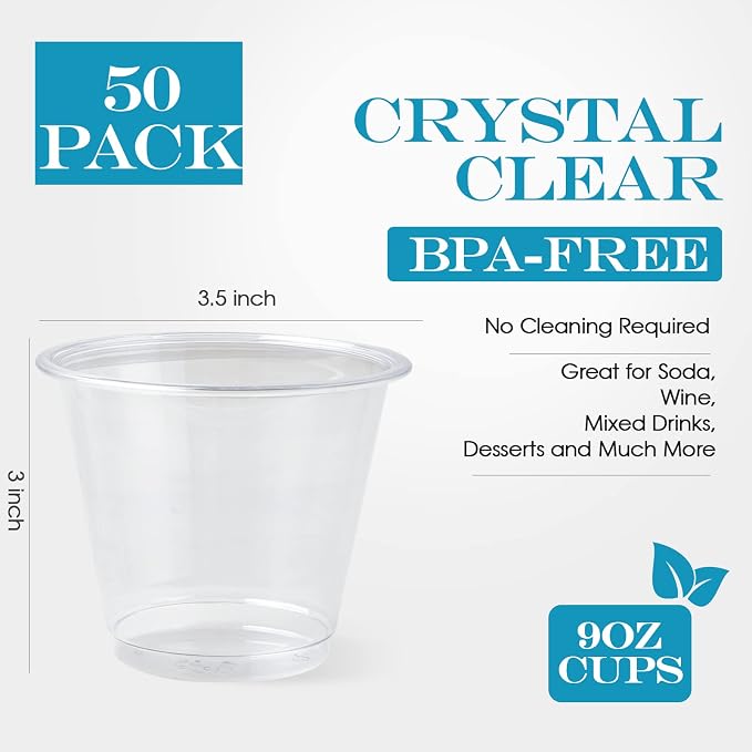 Turbo Bee 50 Pack 9 oz Clear Plastic Cups, Drinking Cups Disposable, Punch - Image 4