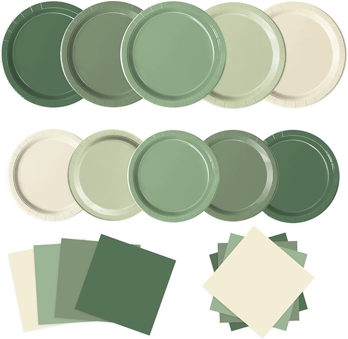 Oigco 60 PCS Sage Green Paper Plates, Sage Green Birthday Decorations, Gradient by Oigco