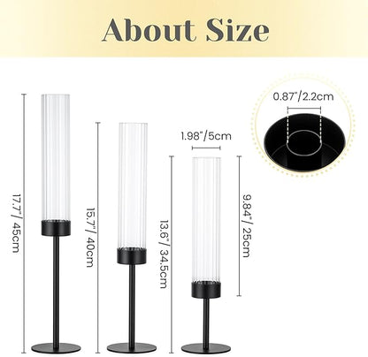 Hewory Black Taper Candle Holders: Candlestick Holders Set of 3 Hurricane Glass Tall Candle Holder for Candlesticks Candle Sticks Holder Decor for Table Centerpiece Wedding Party Christmas Decorations
