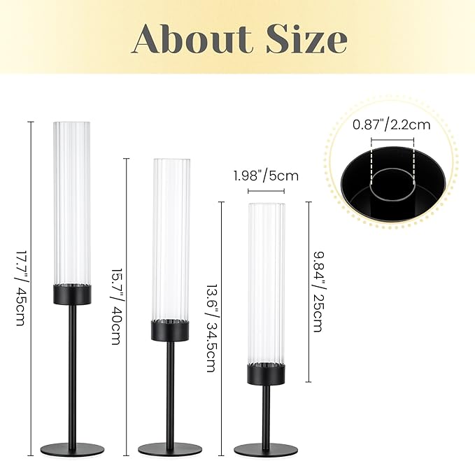 Hewory Black Taper Candle Holders: Candlestick Holders Set of 6 Hurricane Glass Tall Candle Holder for Candlesticks Candle Sticks Holder Decor for Table Centerpiece Wedding Party Christmas Decorations