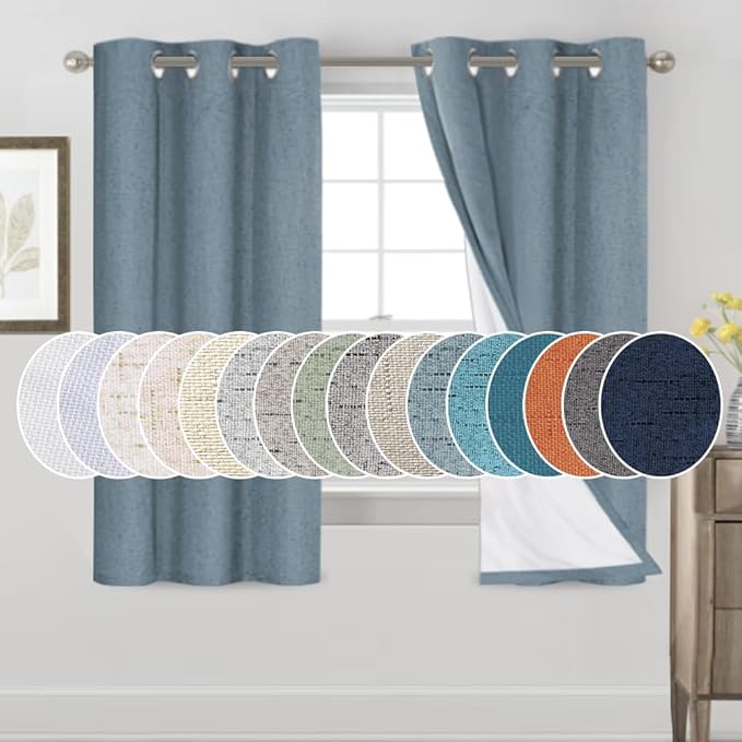 PrinceDeco 100% Black Out Curtains 64 inch Long 2 Panels Noise Reducing Curtains Full Room Darkening Linen Textured Window Drapes Thermal Insulated Panels for Living Room, 42 X 64 Inch, Stone Blue