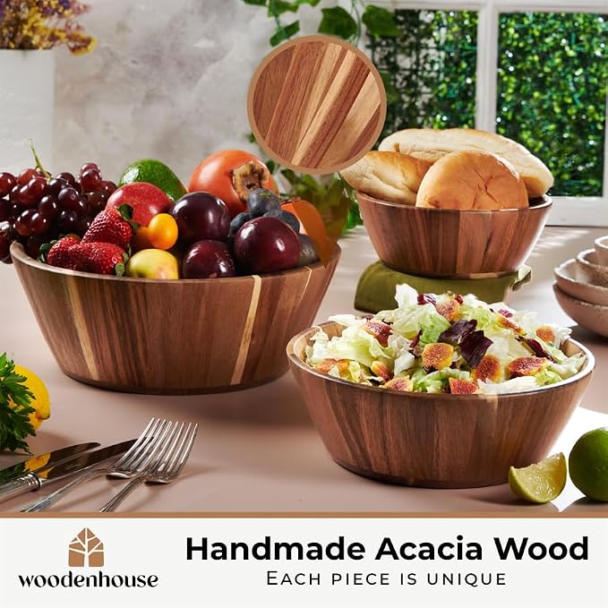 Wooden Salad Bowl Set of 3, Round Wood Bowls - Image 2