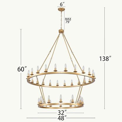 48 Inch 2 Tier Gold Extra Large Wagon Wheel Chandelier 36-Lights Farmhouse Industrial Round High Ceiling Pendant Light Adjustable Chain, for Dining Room, Living Room