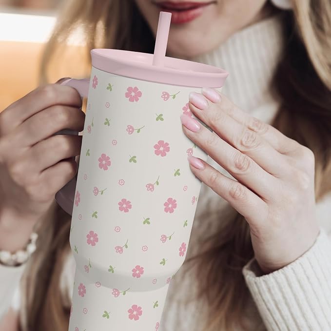 Floral 40oz Tumbler with Handle and Straw – Flowers Insulated Stainless Steel - Image 7