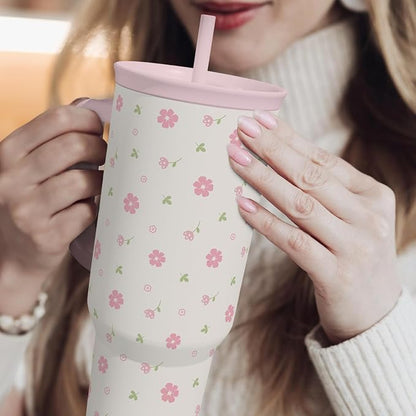 Floral 40oz Tumbler with Handle and Straw – Flowers Insulated Stainless Steel - Image 7