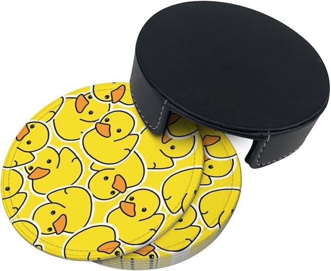 Drink Coasters with Holder Stand Set of 6 Yellow Ducks Pattern Drawing Pu - Image 7