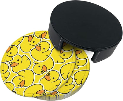 Drink Coasters with Holder Stand Set of 6 Yellow Ducks Pattern Drawing Pu - Image 7