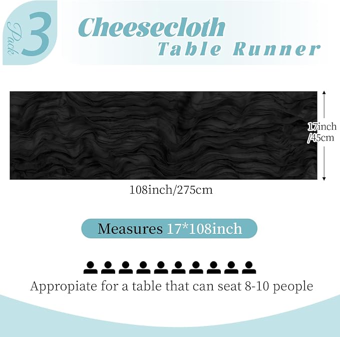 3 Pack Black Cheesecloth Table Runner, 17 x 108 Inch, Gauze Cheese Cloth Table - Image 2