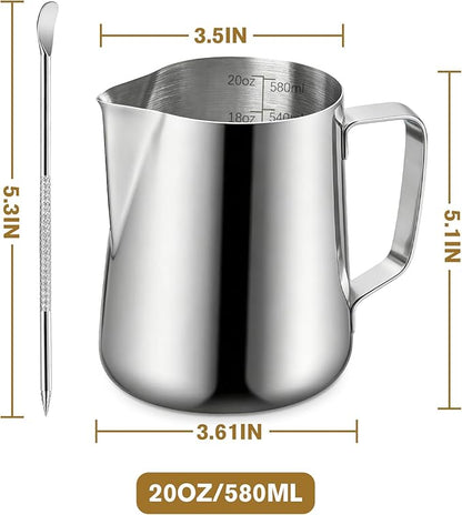Milk Frothing Pitcher, 600ml Milk Frother Cup Stainless Steel Jug Steaming - Image 3