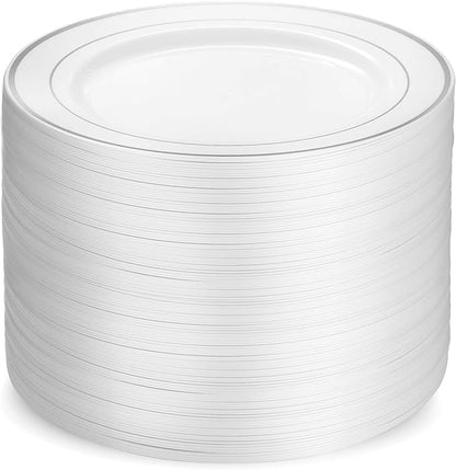 Munfix 100 Silver Plastic Dinner Plates Set, 10.25 Inch Disposable Heavy Duty Fancy Elegant Wedding Party Plates, White with Silver Rim