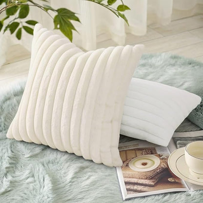 decorUhome Cozy Faux Fur Throw Pillow Covers 22x22 Set of 2 Decorative Soft Plush Striped Modern Farmhouse Boho Couch Euro Sham Pillow Cases with Velvet Back for Sofa Bed Living Room, Cream White
