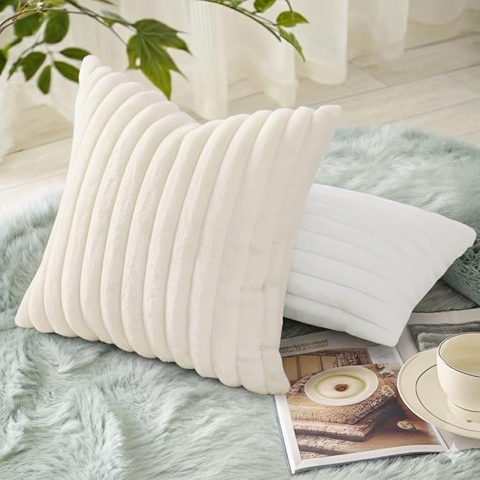 decorUhome Cozy Faux Fur Spring Throw Pillow Covers 16x16 Set of 2 Decorative Soft Plush Striped Modern Farmhouse Boho Couch Pillow Cases with Velvet Back for Sofa Bed Living Room, Cream White