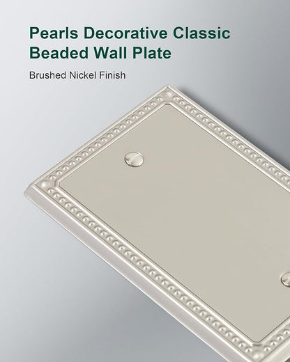 2-Pack Blank Outlet Cover Wall Plate, Metal Switch Plates Outlet Covers, Brushed Nickel Pearls Beaded Decorative Wall Plates