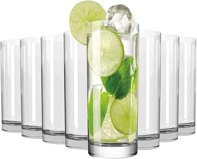 Wlasss Drinking Glasses Set of 8, 16oz Glass Cups, Kitchen Highball Glasses by WlasssLightweightGlasswareMakingLifeEasier