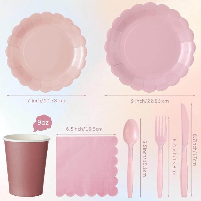 Yaomiao 168 Pcs Dusty Pink Dinnerware Sets Blush Pink Plates Round Disposable - Image 2