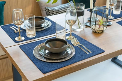 homing Cotton Linen Placemats Set of 6, Cloth Washable Farmhouse Dining Table Mats for Indoors & Outdoors, Easy to Clean, Navy Blue, 13 x 19 Inch