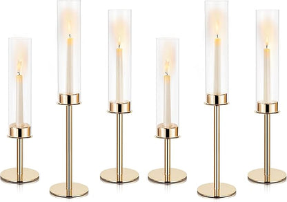 Hurricane Candle Holders Metal Candlestick Holder for Glass Taper Tall Candle Holders with Candles Stands for Home Decor, Christmas, Dinning, Wedding, Housewarming Gifts (6, Gold)