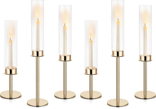 Hurricane Candle Holders Metal Candlestick Holder for Glass Taper Tall Candle Holders with Candles Stands for Home Decor, Christmas, Dinning, Wedding, Housewarming Gifts (6, Gold)