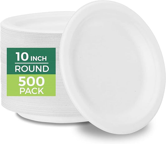 Freshware Paper Plates - Disposable 10" Plate, 500-Pack, Biodegradable Sugarcane Dinner Plates - Heavy Duty Dinnerware for Hot Food - Microwave & Freezer Safe, Stackable Dinnerware