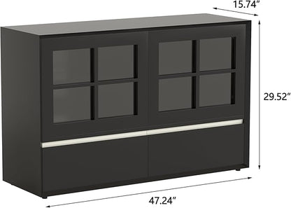47.24" Solid Wood Storage Cabinet Organizer with Glass Doors & Drawers, Black Sideboard Buffet Cabinet for Living Room, Dining Room, Entryway, Kitchen & Home Office