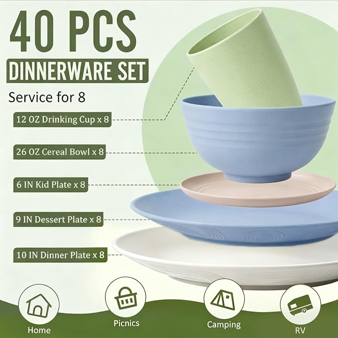 40 PCS Wheat Straw Dinnerware Sets Unbreakable Dishes Set - Image 2