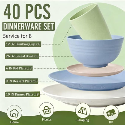 40 PCS Wheat Straw Dinnerware Sets Unbreakable Dishes Set - Image 2