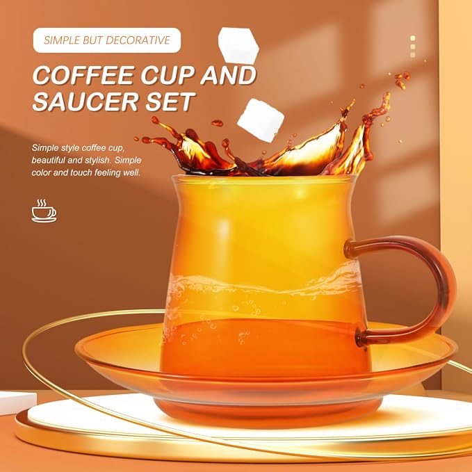 Mikinona Vintage Tea Cups and Saucers Sets, 3.14x2.75x2.75In Amber Glass Coffee - Image 3