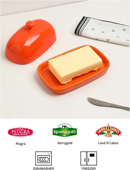 Sweejar Ceramic Butter Dish with Lid for Countertop,Porcelain Butter Keeper with Knob Handle,Butter Container for East/West Coast Butter, 7 inches (Orange)