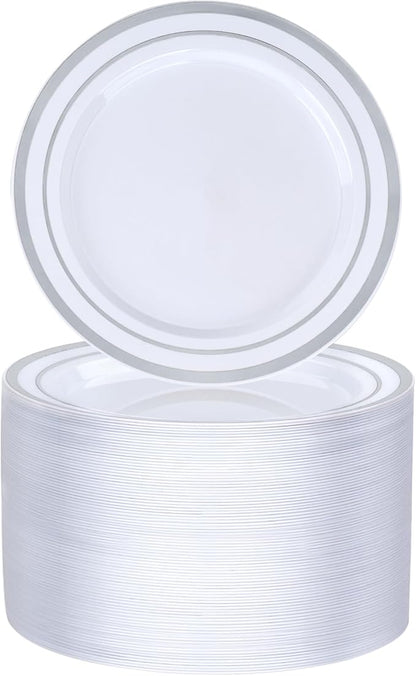 BESTVIP 100PCS 7 Inch Silver Plastic Dessert Plates, Disposable Plate with Silver Rim for Salad/Samll Cakes, Heavy Duty Plates for Party, Wedding and Birthday, Events, Christmas, Thanksgiving