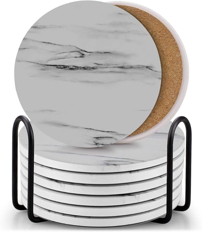 EAGMAK Set of 8 Coasters for Drinks, Absorbent Marble Style Ceramic Drink Coaster with Holder for Coffee Wooden Table Home Decor(Grey)