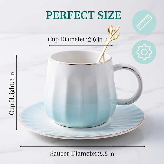 Ceramic Espresso Cups and Saucers Set of 4, 7oz Porcelain Cups - Image 3