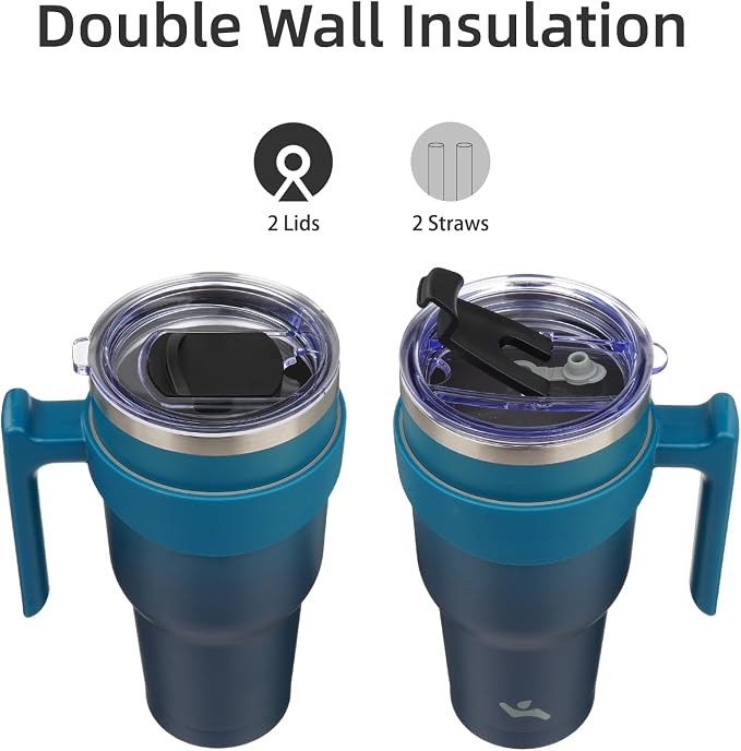 Konokyo 30 oz Tumbler with Handle and Straw, Insulated Travel Mug | Indigo - Image 3