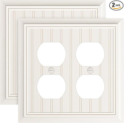 2-Pack Classic Beadboard Double Duplex Outlet Cover, Light Almond Decorative Switch Plates and Outlet Covers for Electrical Outlets, Durable Natural Bamboo Fiber Wall Plates, 2 Gang Receptacle Cover